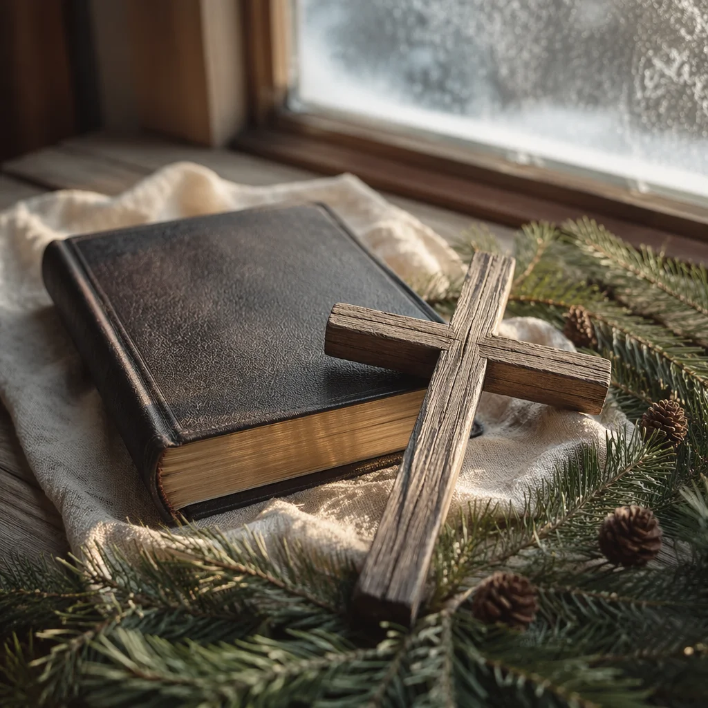Bible and Cross on Winter Linen