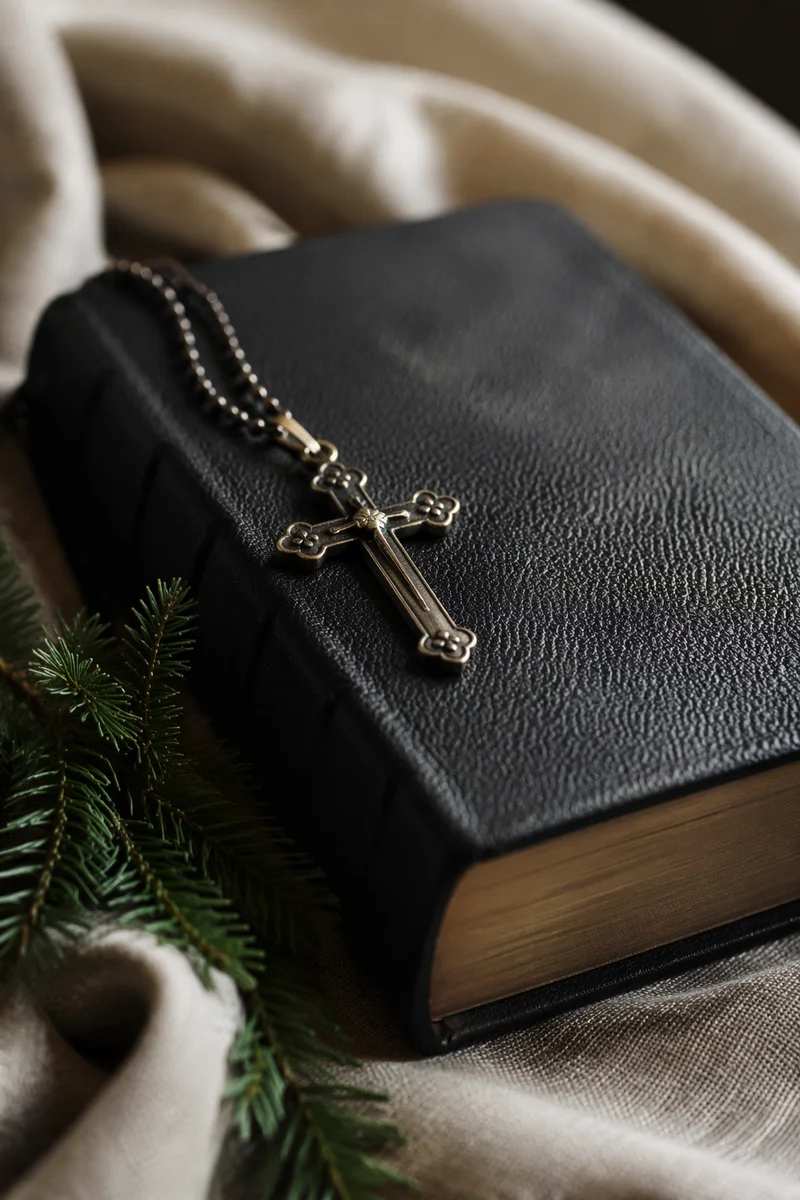 Bible and Bronze Cross on Linen