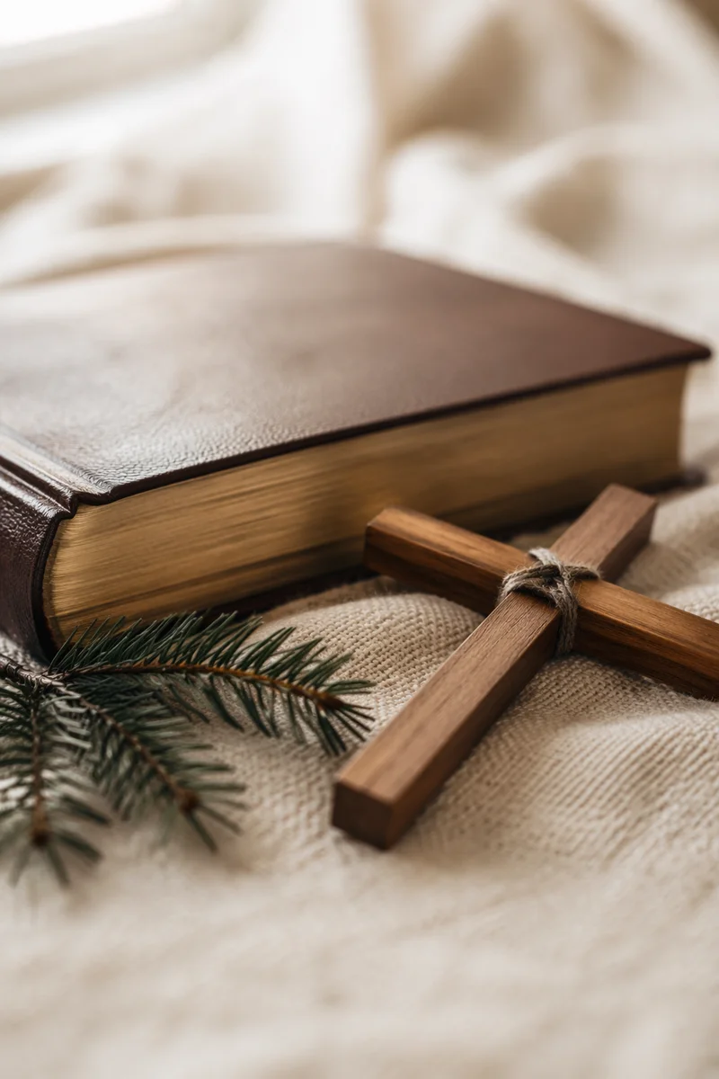 Bible and Wooden Cross on Linen