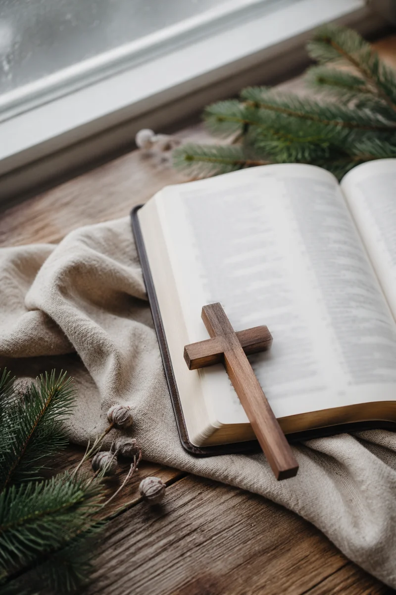 Open Bible and Wooden Cross on Linen