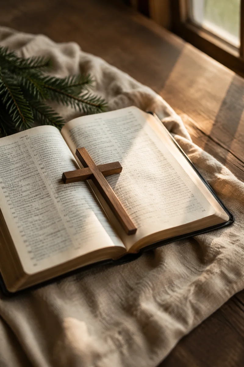 Open Bible and Wooden Cross on Linen