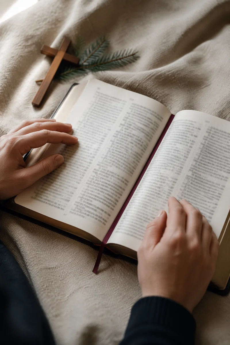 Open Bible with Wooden Cross on Linen