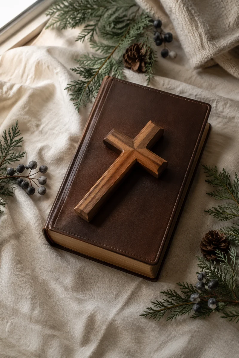 Bible and Wooden Cross on Linen