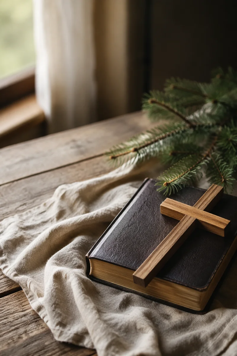 Bible and Wooden Cross on Linen