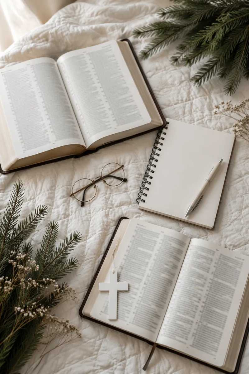 Open Bible and Cross on Linen
