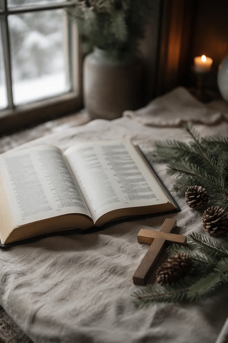 Open Bible and Wooden Cross on Linen
