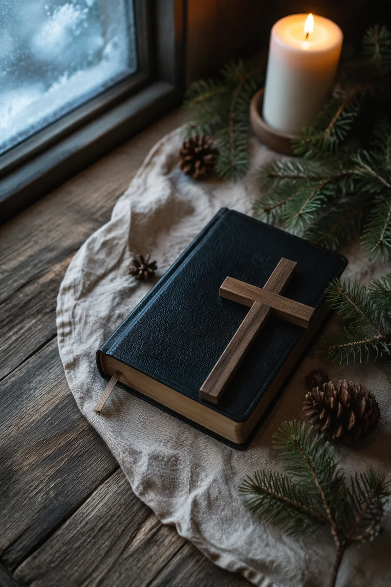 Bible and Wooden Cross on Linen