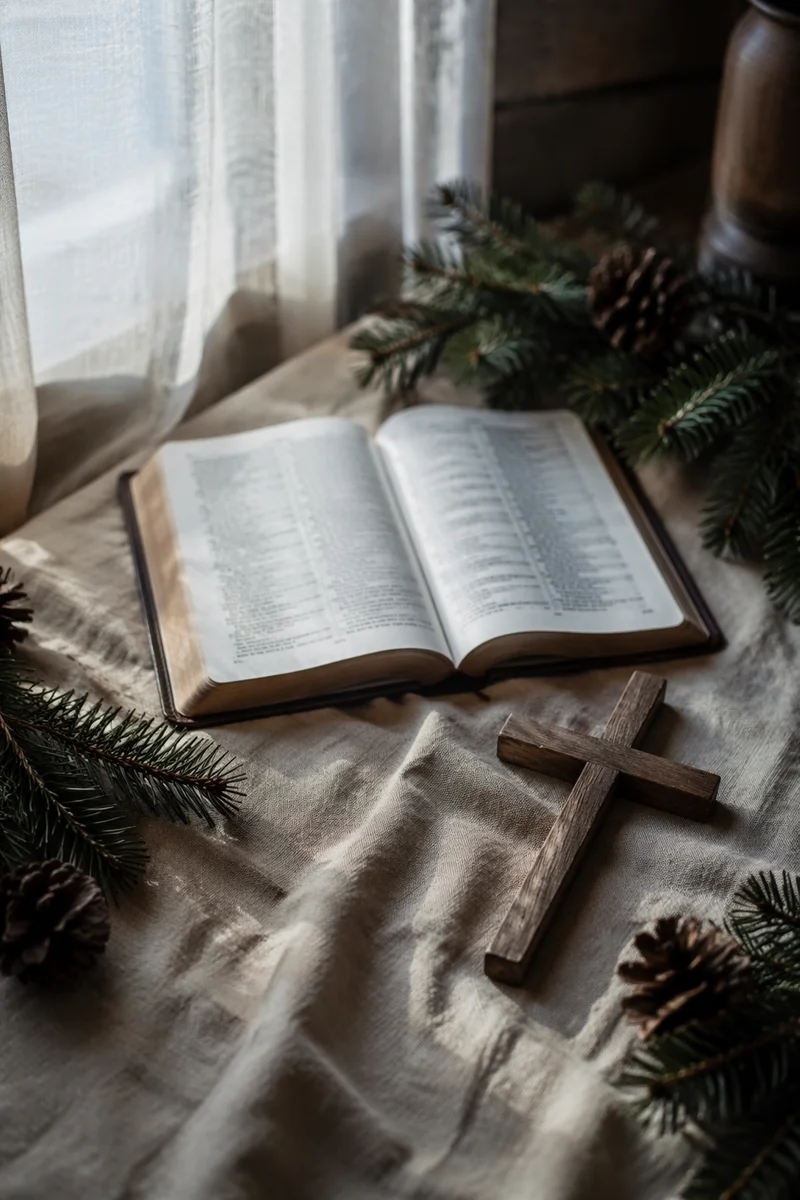 Open Bible and Wooden Cross on Linen