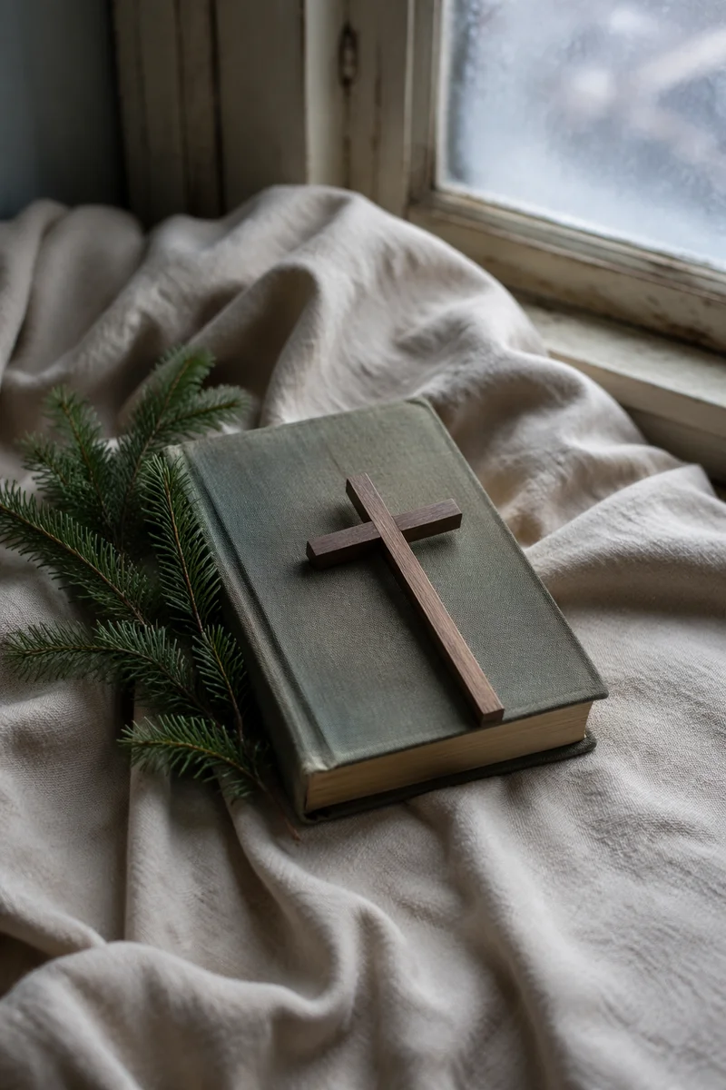 Bible and Wooden Cross on Linen