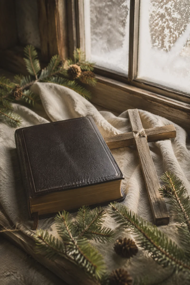 Bible and Wooden Cross on Winter Linen