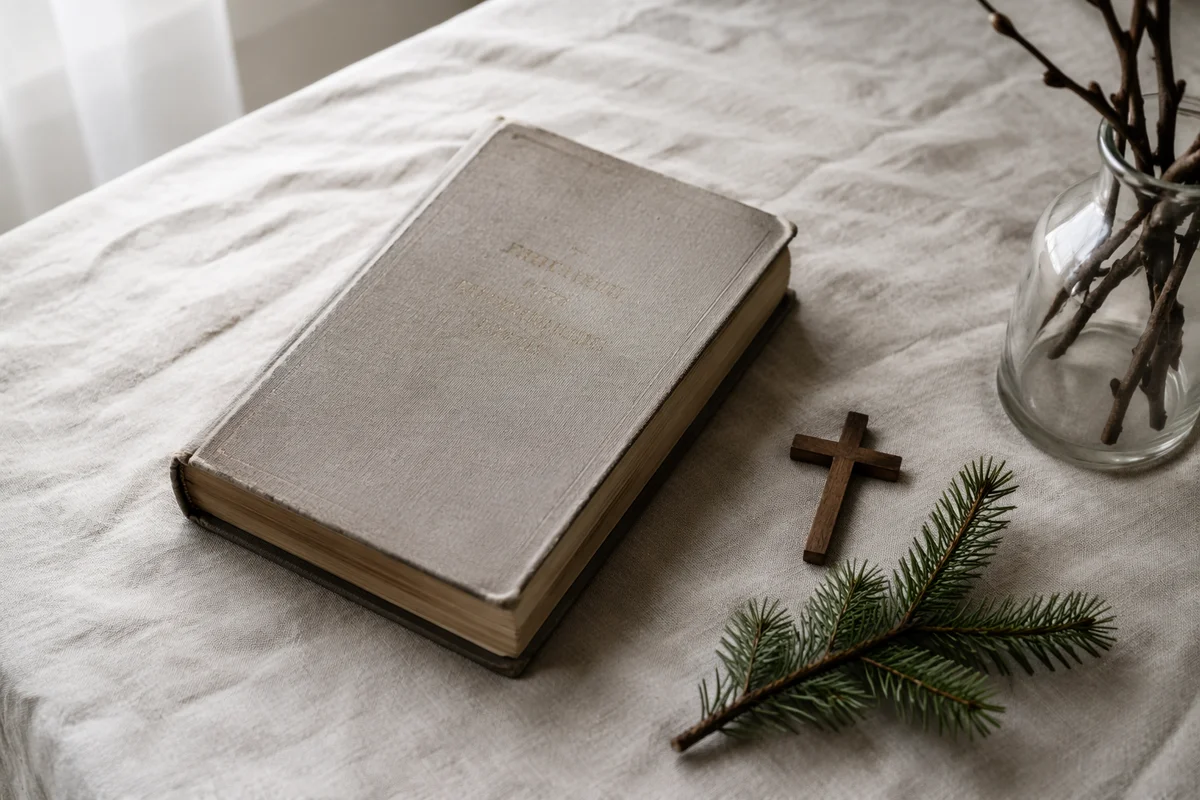 Bible and Wooden Cross on Linen