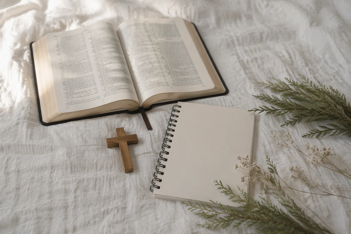 Open Bible and Wooden Cross on Linen