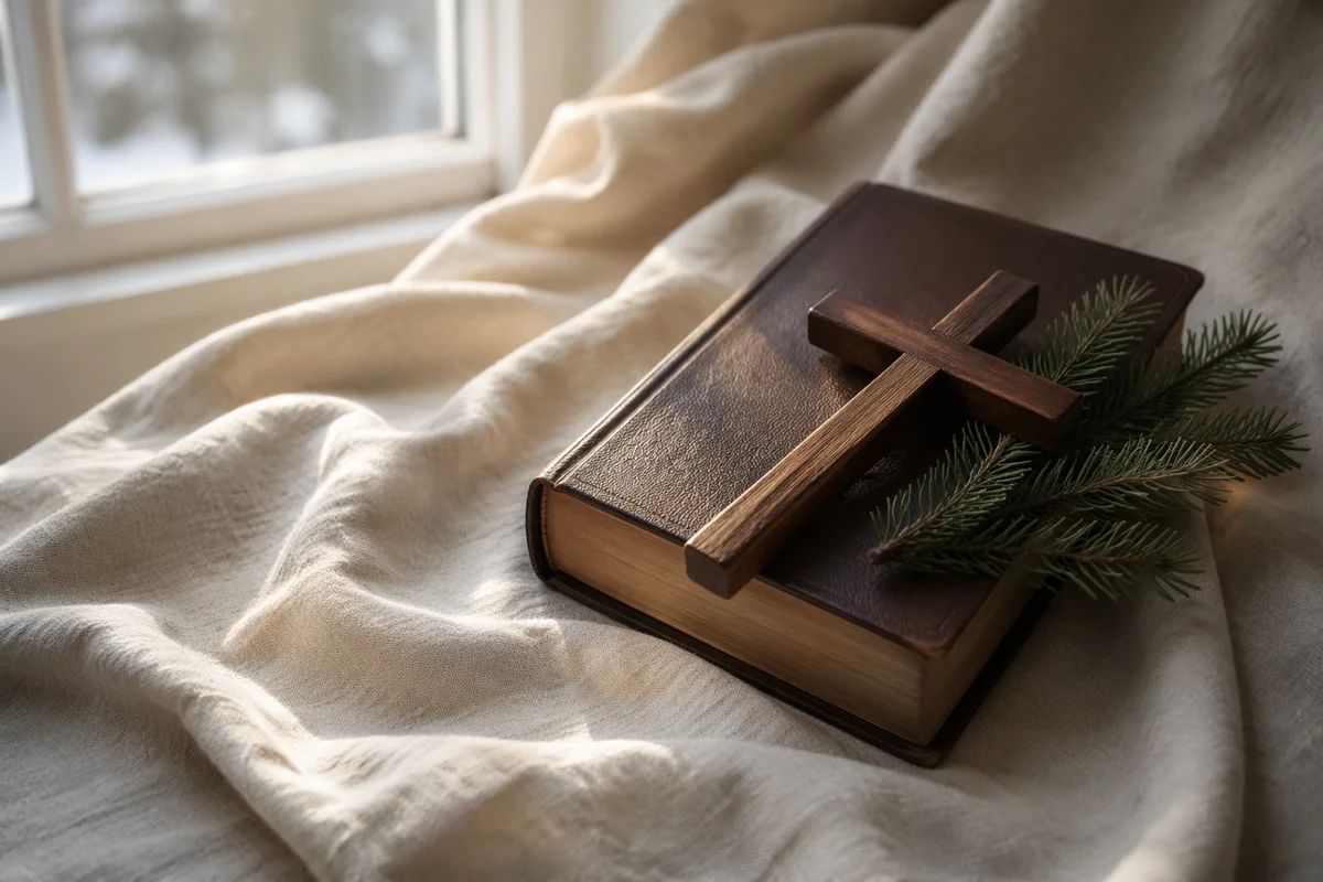 Bible and Wooden Cross on Linen