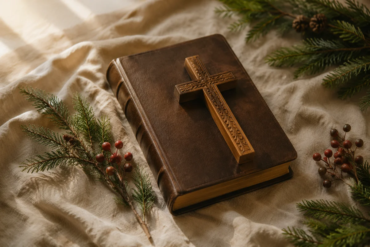 Bible and Wooden Cross on Linen