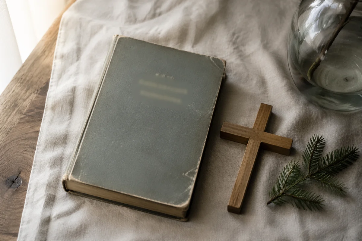 Bible and Wooden Cross on Linen