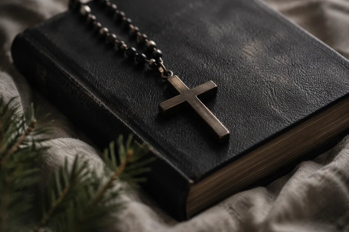 Bible and Cross on Linen Cloth
