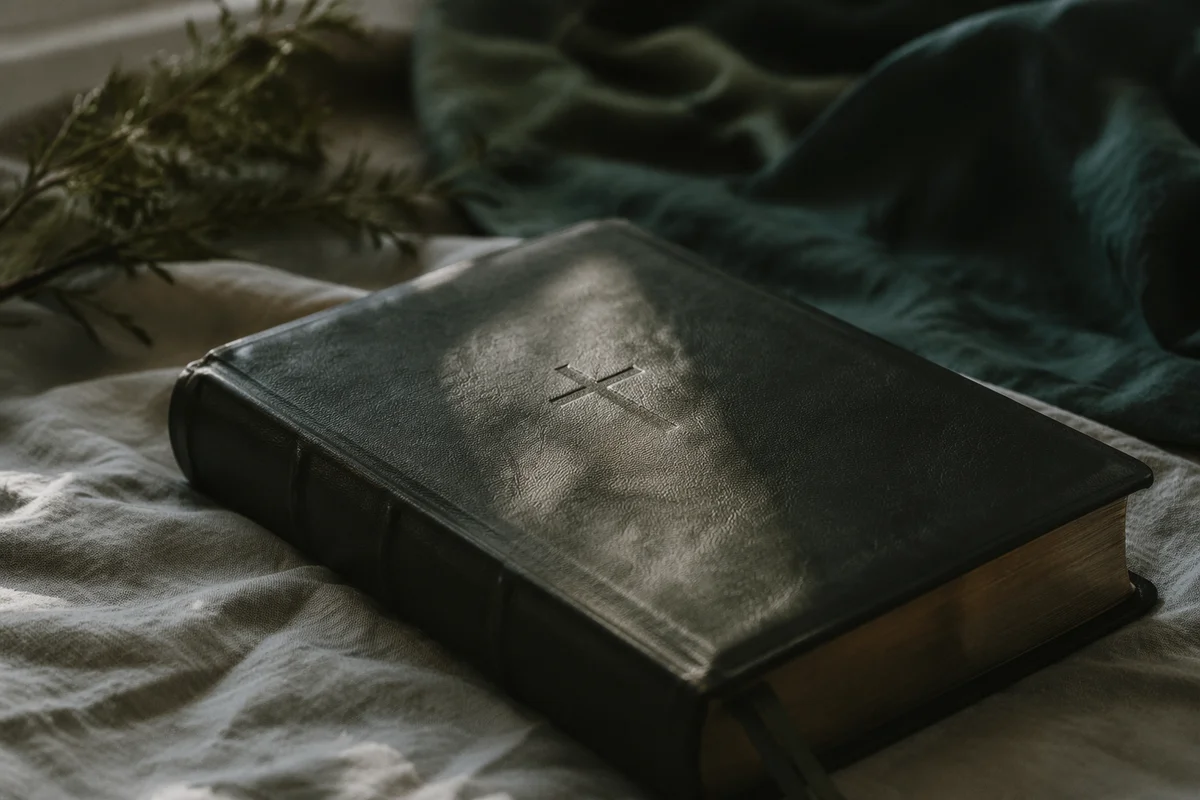Bible and Cross on Linen Cloth
