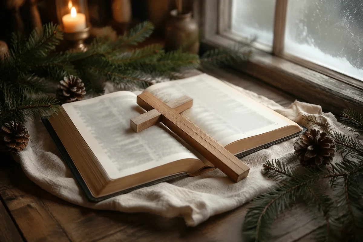 Open Bible and Wooden Cross on Linen