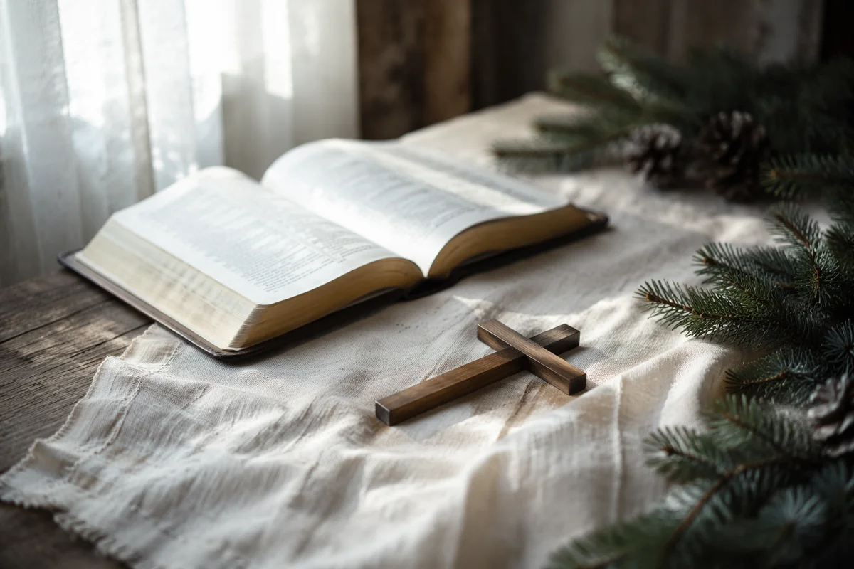 Open Bible and Wooden Cross on Linen