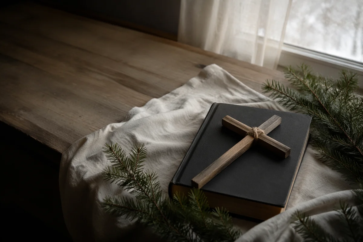 Bible and Wooden Cross on Ivory Linen