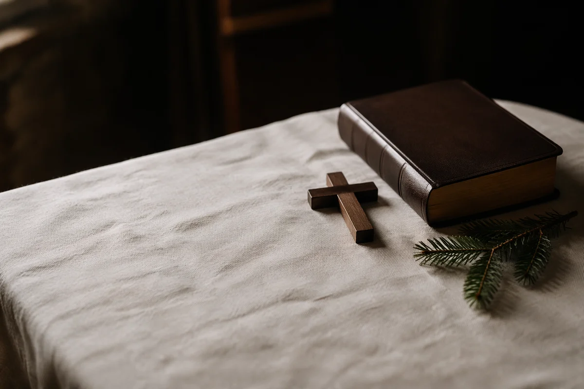 Bible and Wooden Cross on Linen
