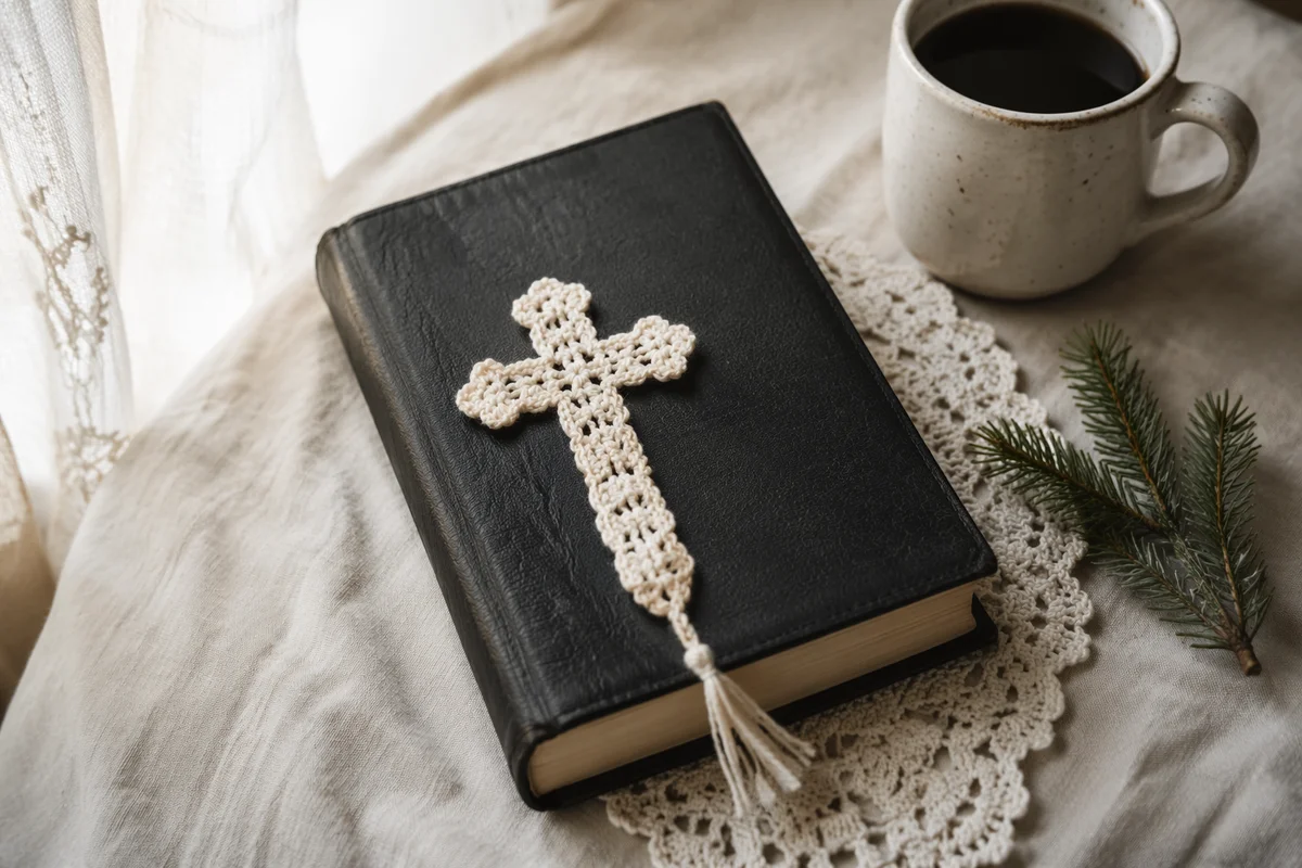 Bible with Crocheted Cross on Linen