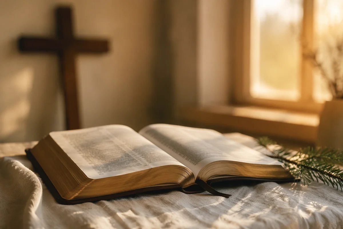 Open Bible and Cross on Linen