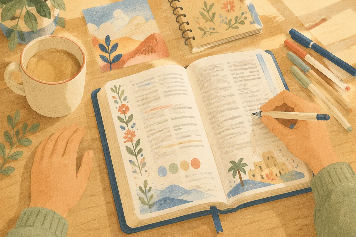 Bible Journaling with Colored Pens Flat Lay