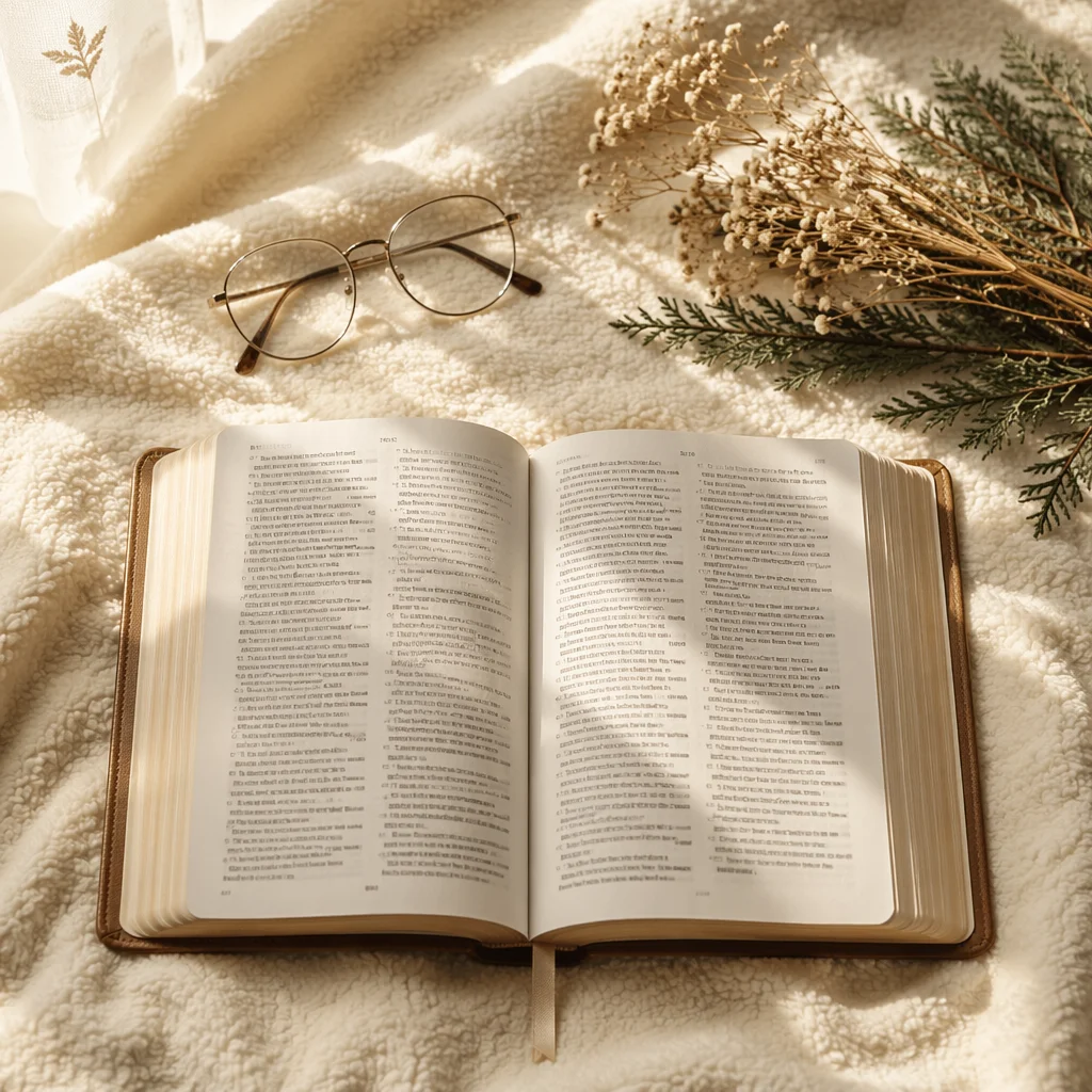 Open Bible with Reading Glasses in Warm Light