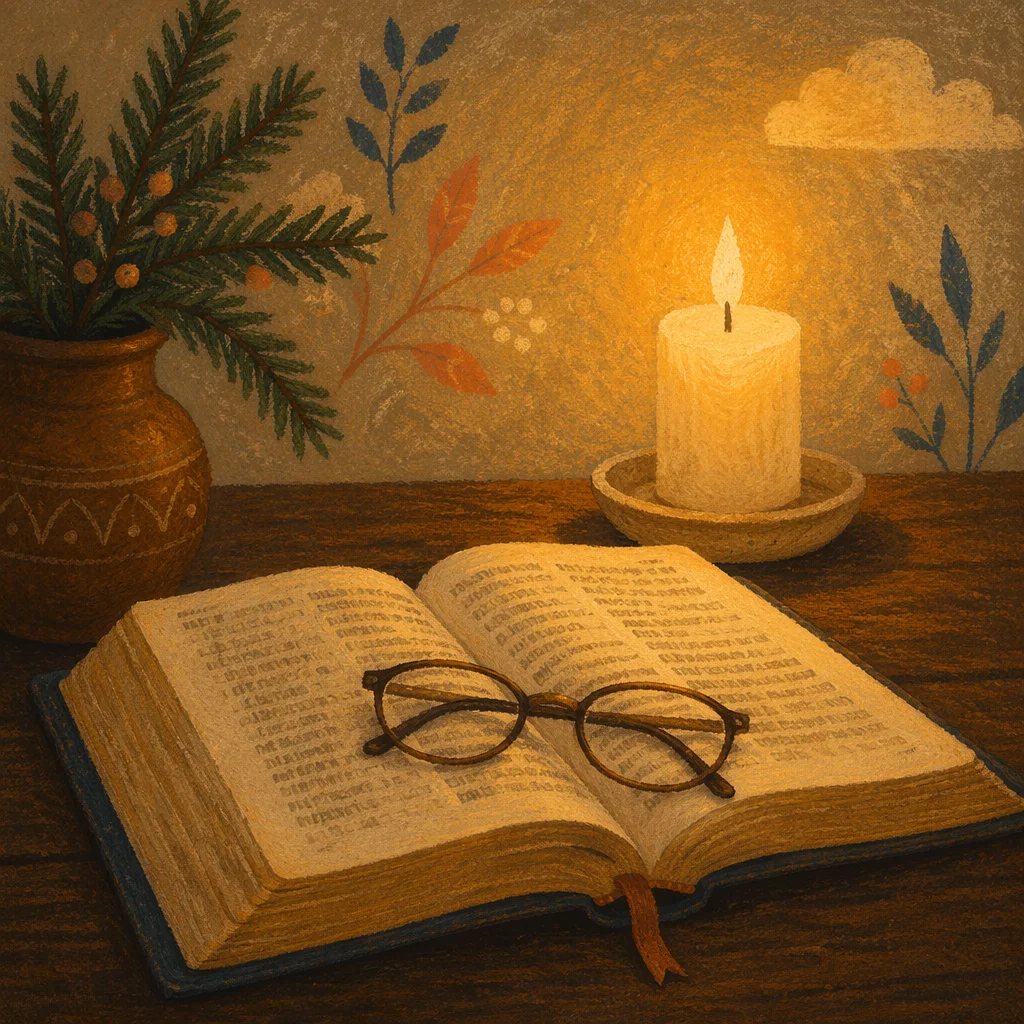 Open Bible with Glasses in Candlelight