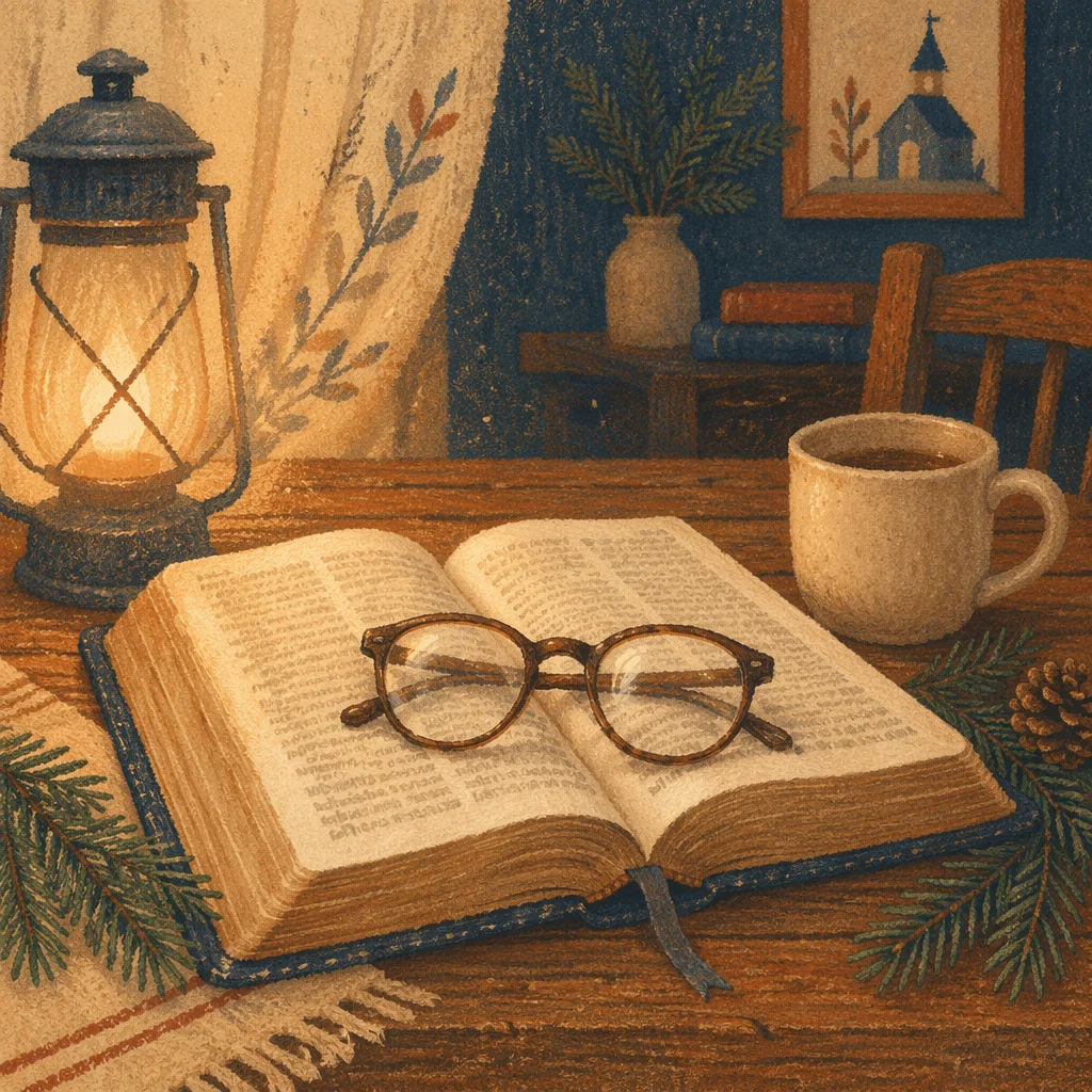 Open Bible with Glasses in Warm Lamplight