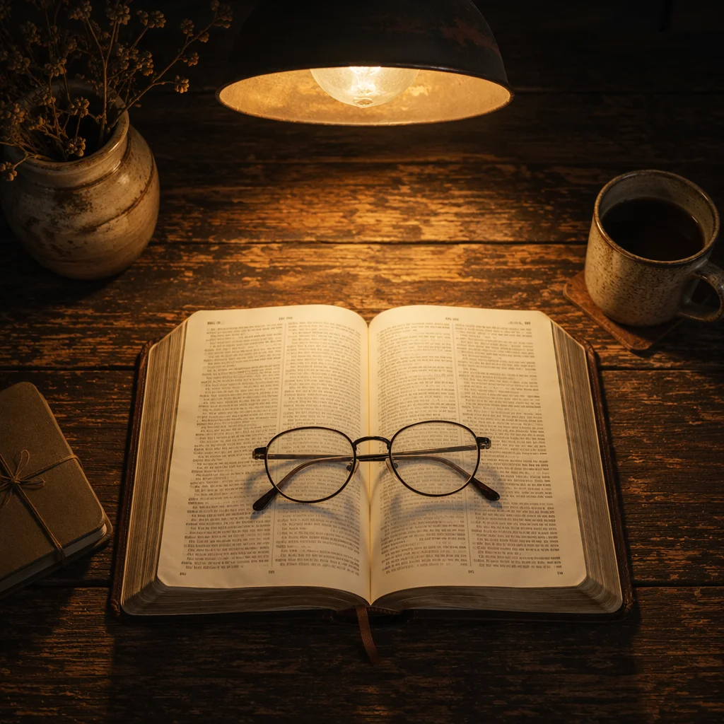 Open Bible with Reading Glasses in Warm Light