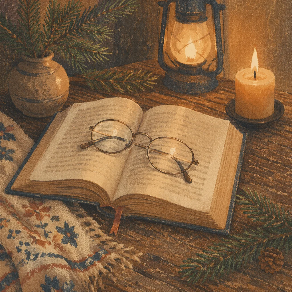 Open Bible with Glasses in Warm Lamplight