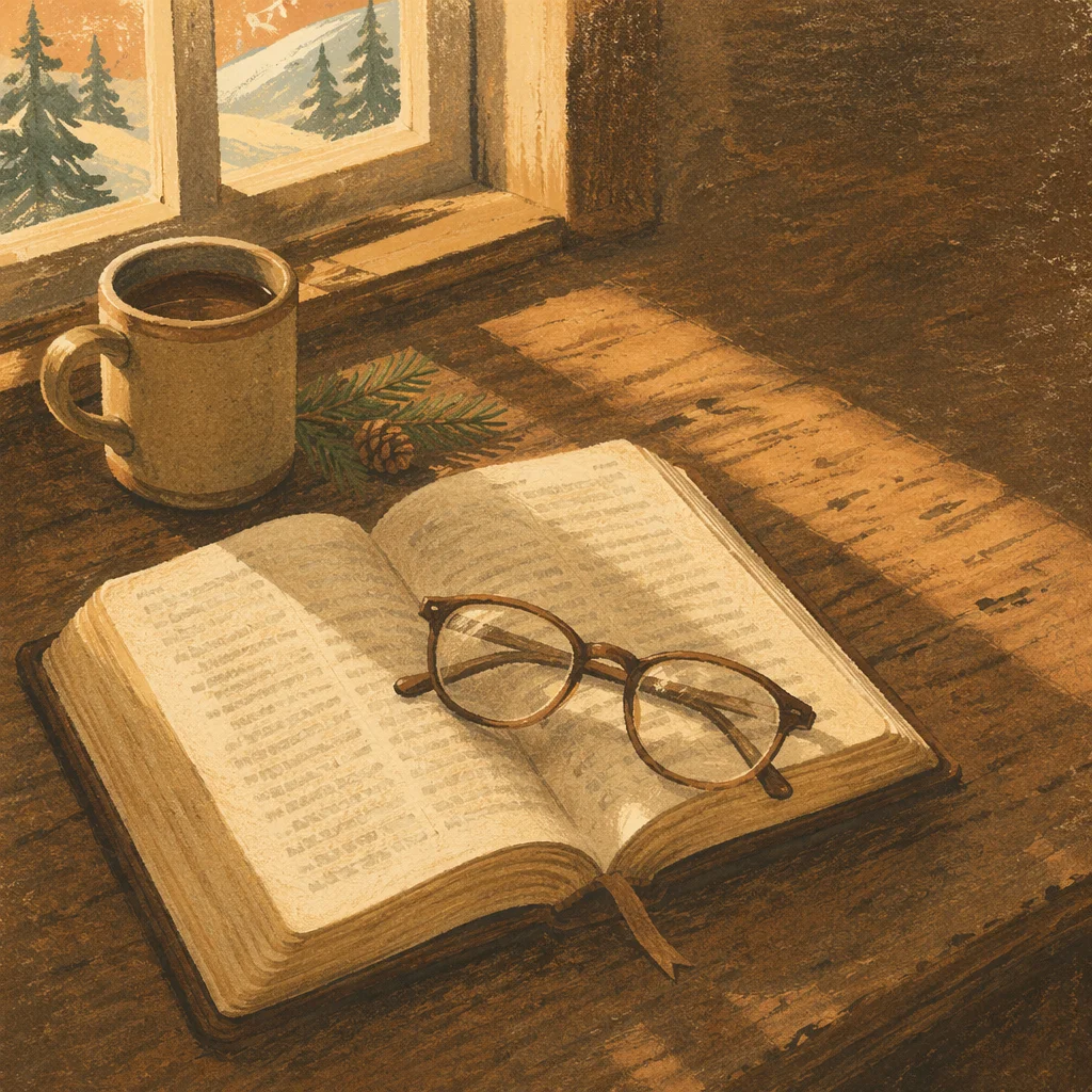 Open Bible with Glasses and Evergreen