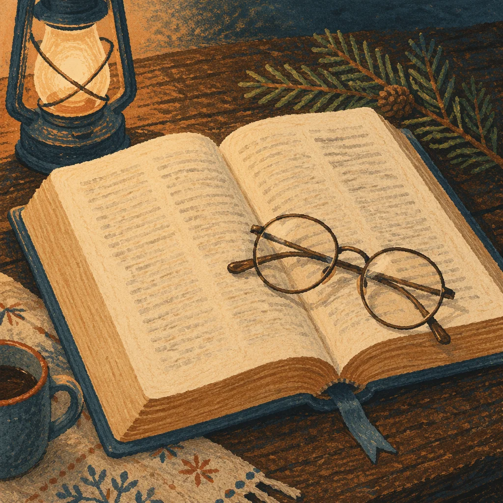 Open Bible with Glasses in Warm Lamplight