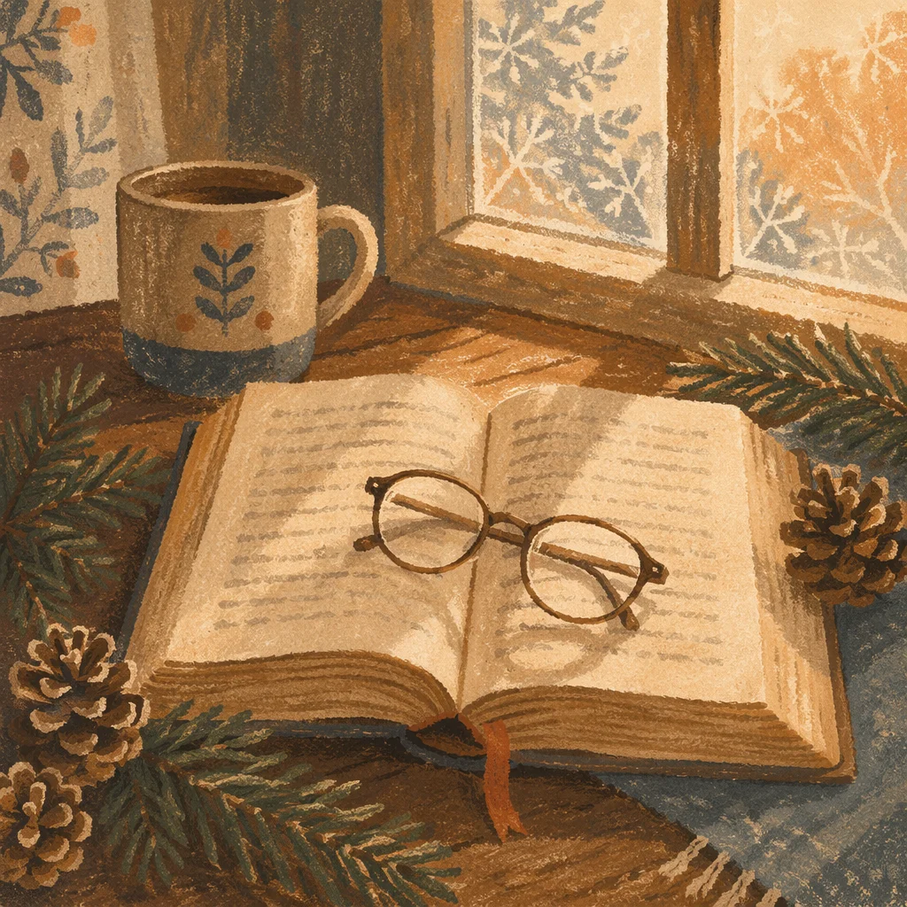 Open Bible with Glasses in Warm Evergreen Light