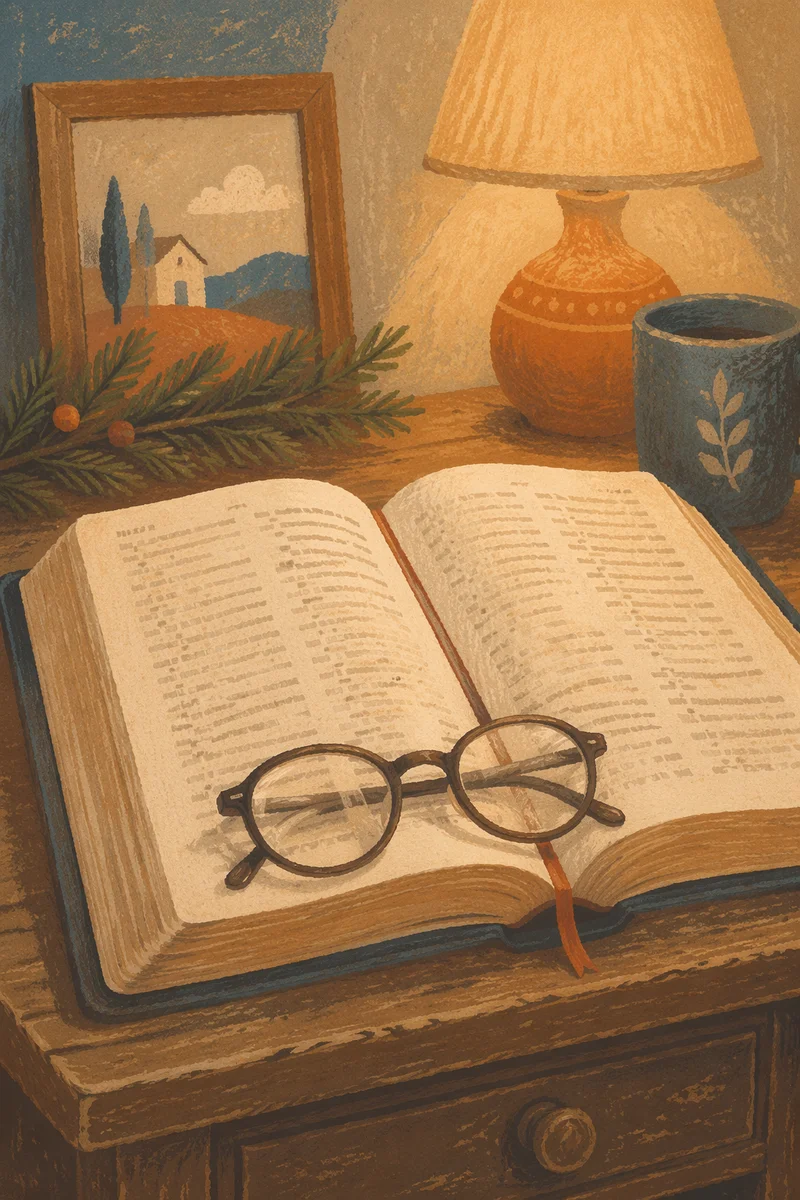 Open Bible with Glasses in Warm Lamplight