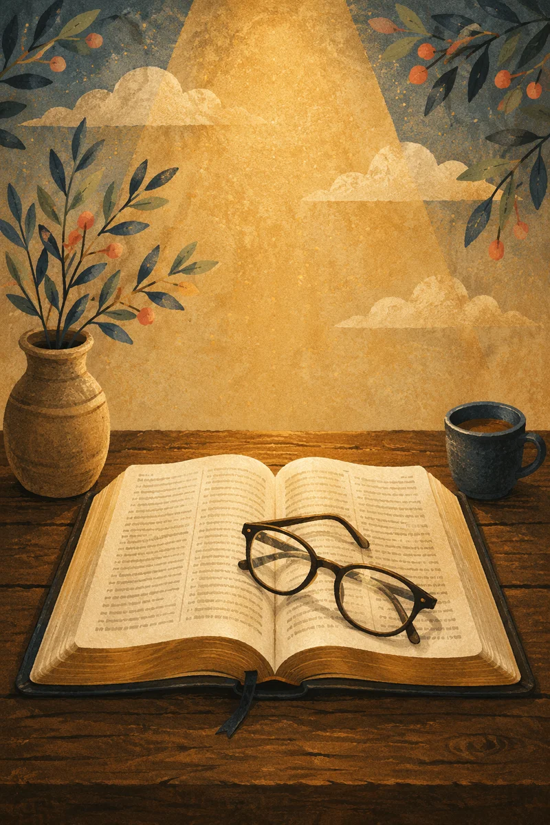 Open Bible With Glasses in Warm Light
