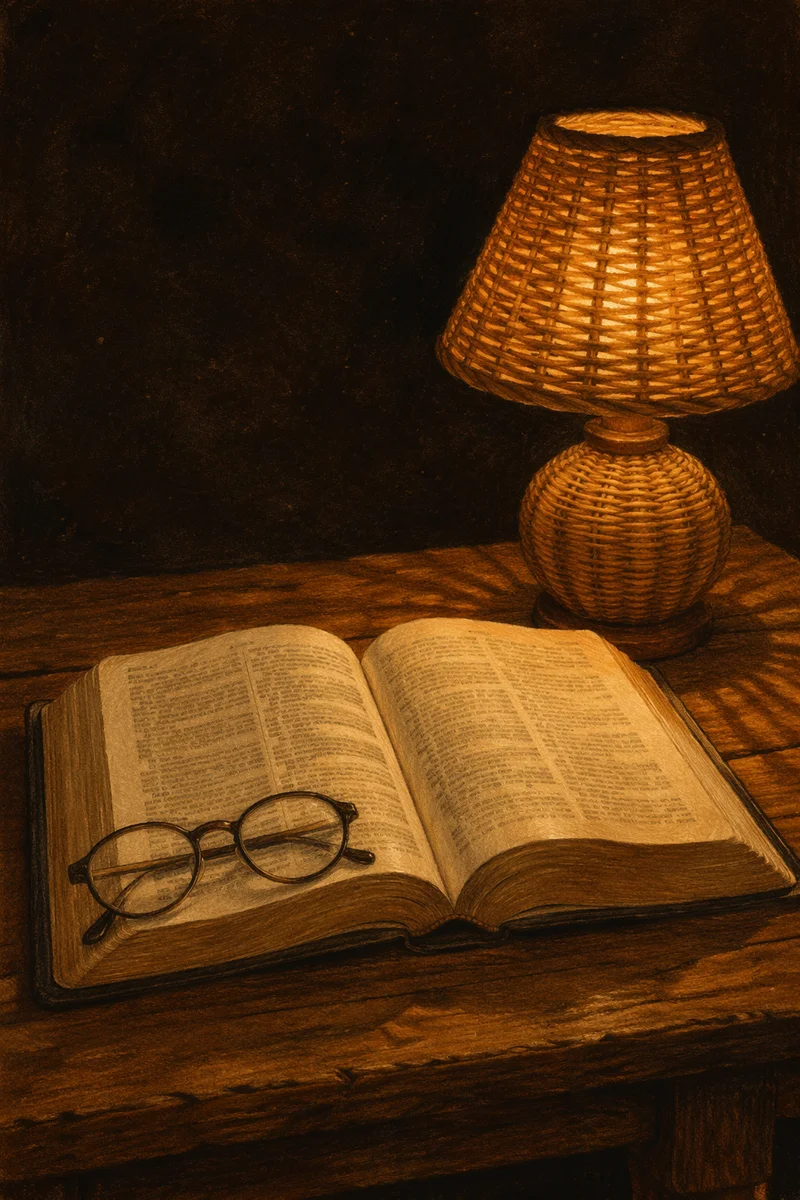 Open Bible with Glasses in Warm Lamplight