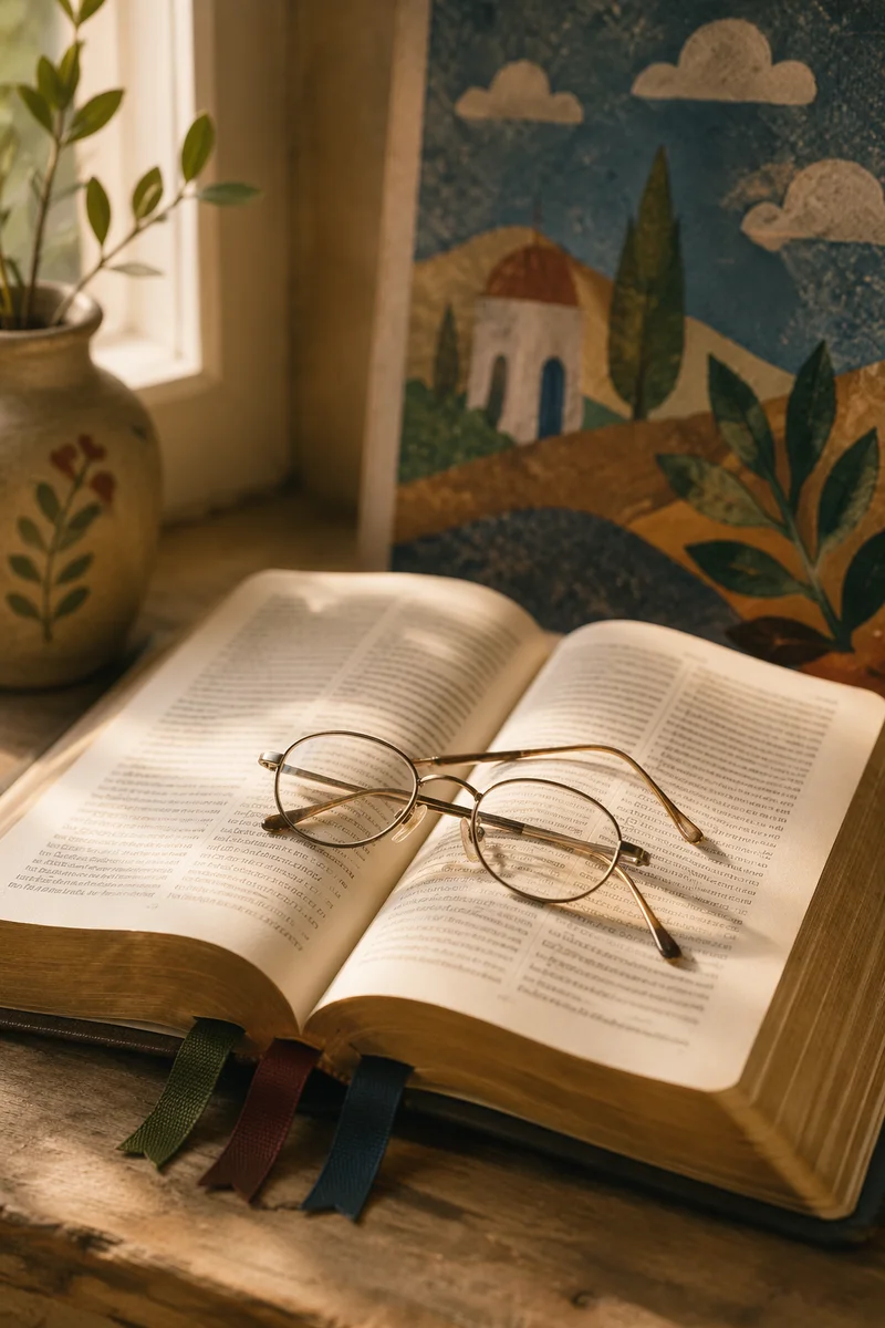 Open Bible with Reading Glasses in Warm Light