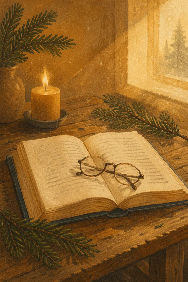 Open Bible with Glasses in Warm Evergreen Light
