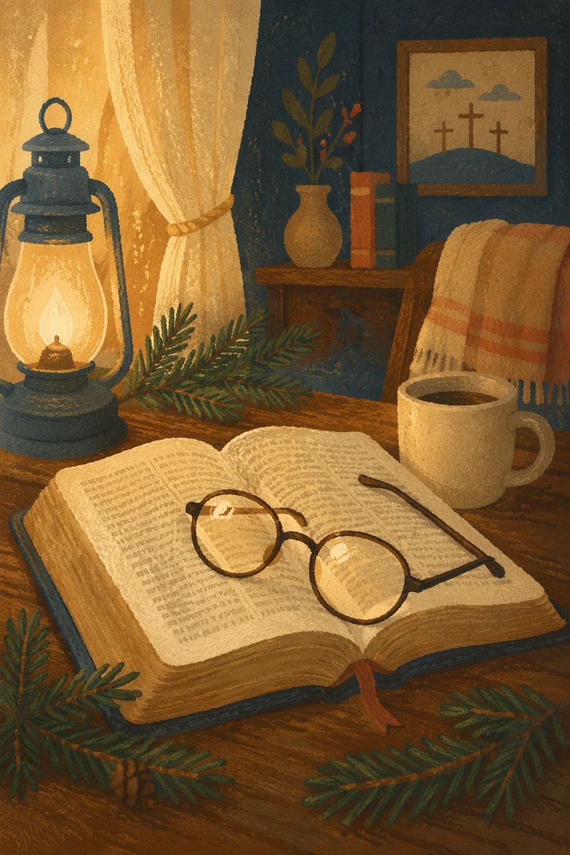 Open Bible with Glasses in Warm Lamplight