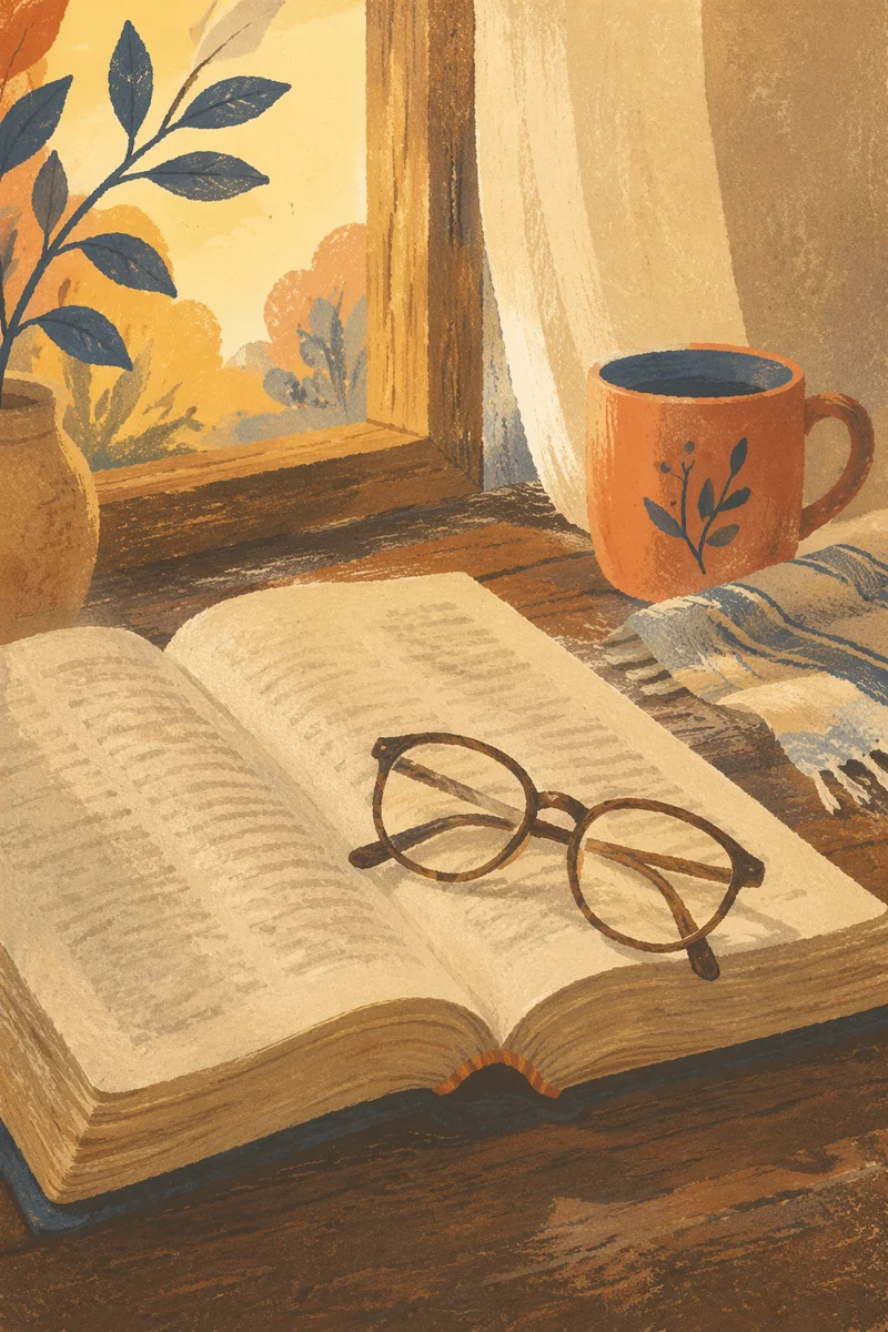 Open Bible with Glasses in Warm Light