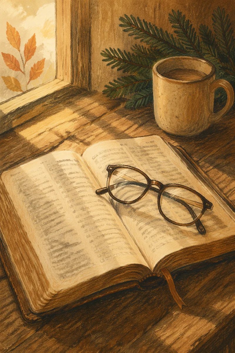 Open Bible with Glasses in Warm Light