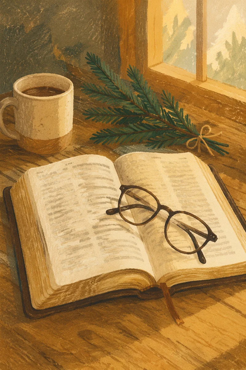 Open Bible with Glasses in Warm Light
