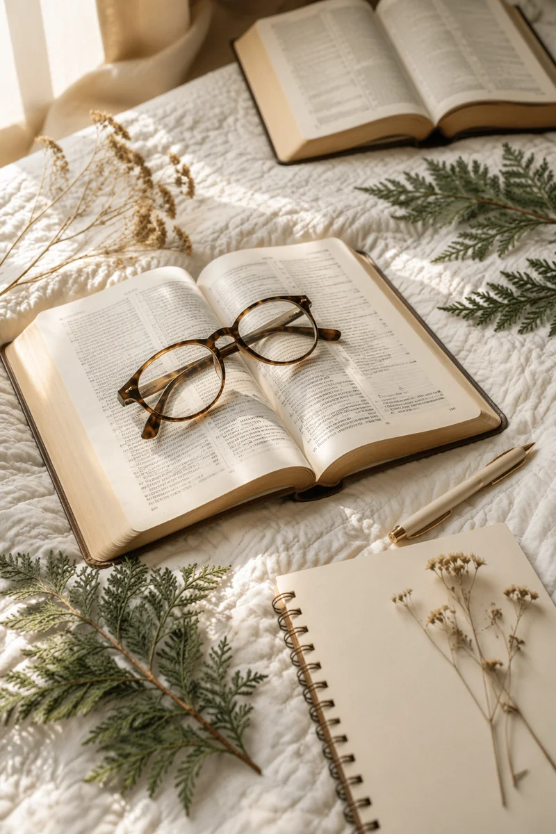 Bible with Reading Glasses in Warm Light
