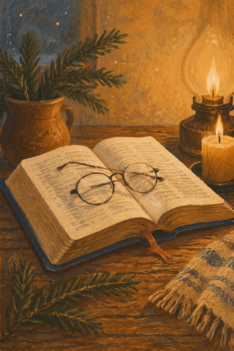 Open Bible with Glasses in Warm Lamplight
