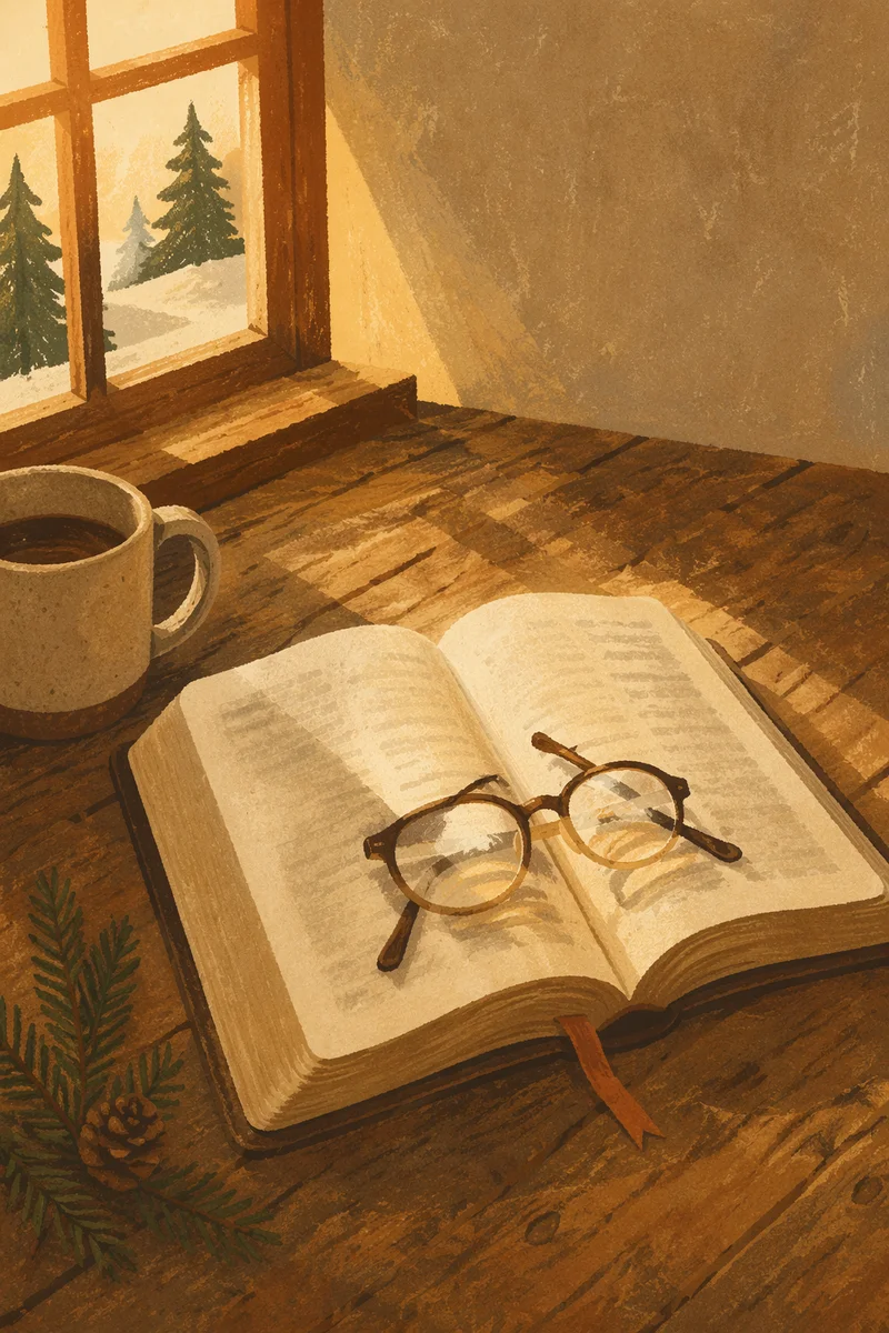 Open Bible with Glasses in Warm Winter Light