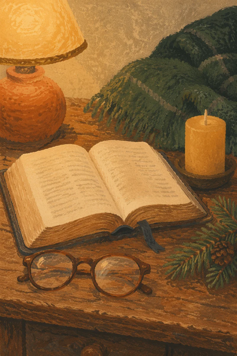 Open Bible with Glasses in Warm Lamplight