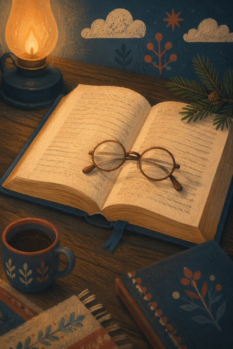 Open Bible with Glasses in Warm Lamplight